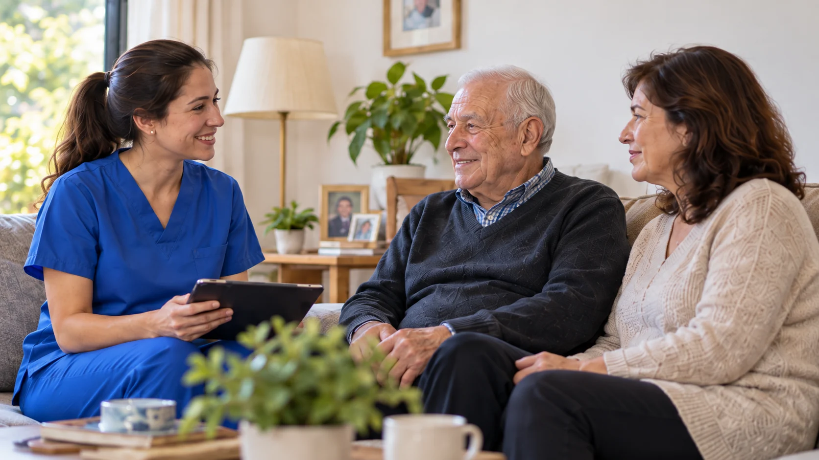 Escena ilustrativa de una enfermera conversando con un paciente y su cuidadora en el hogar.